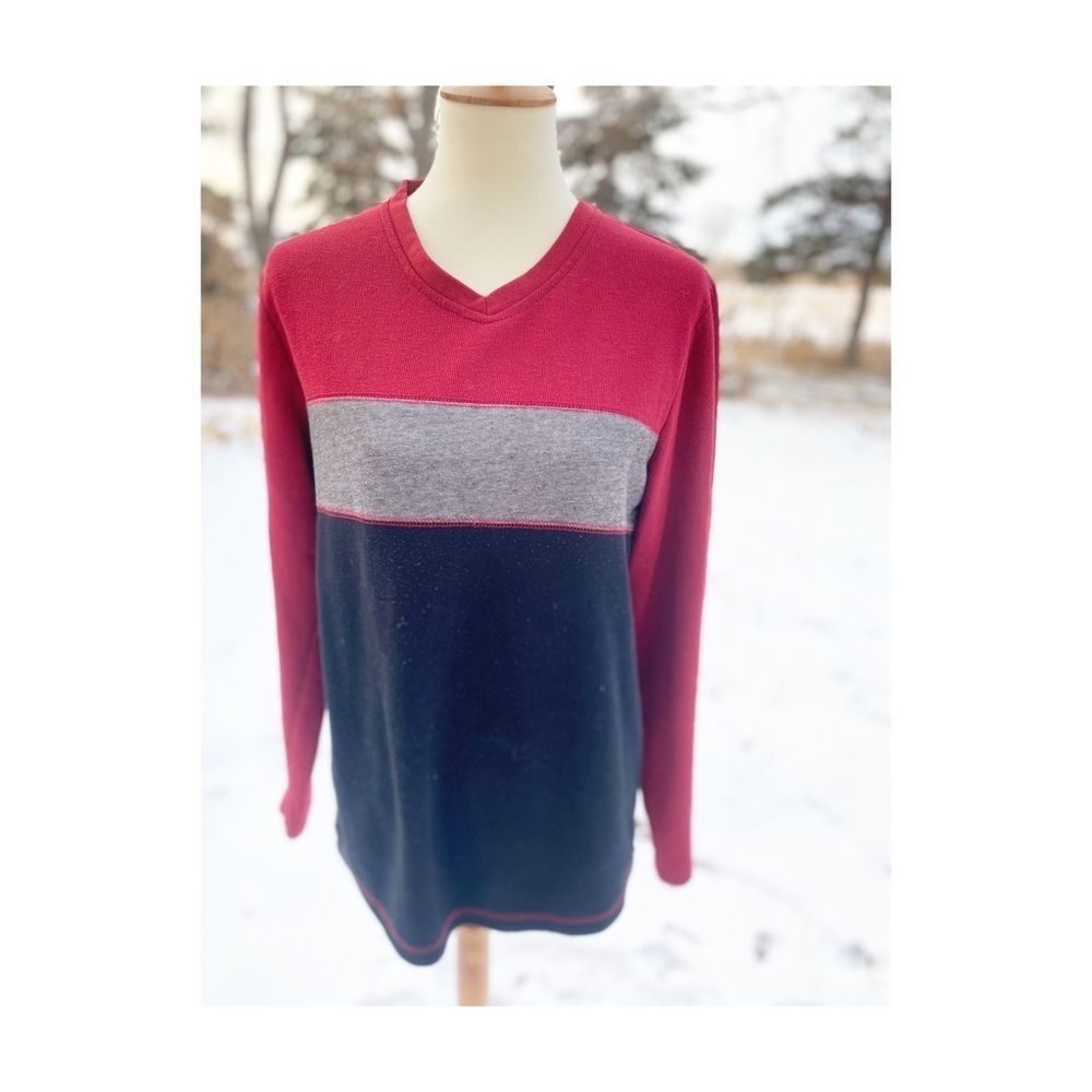 Warehouse One V-Neck Knit Sweater Red Black Grey Sz M